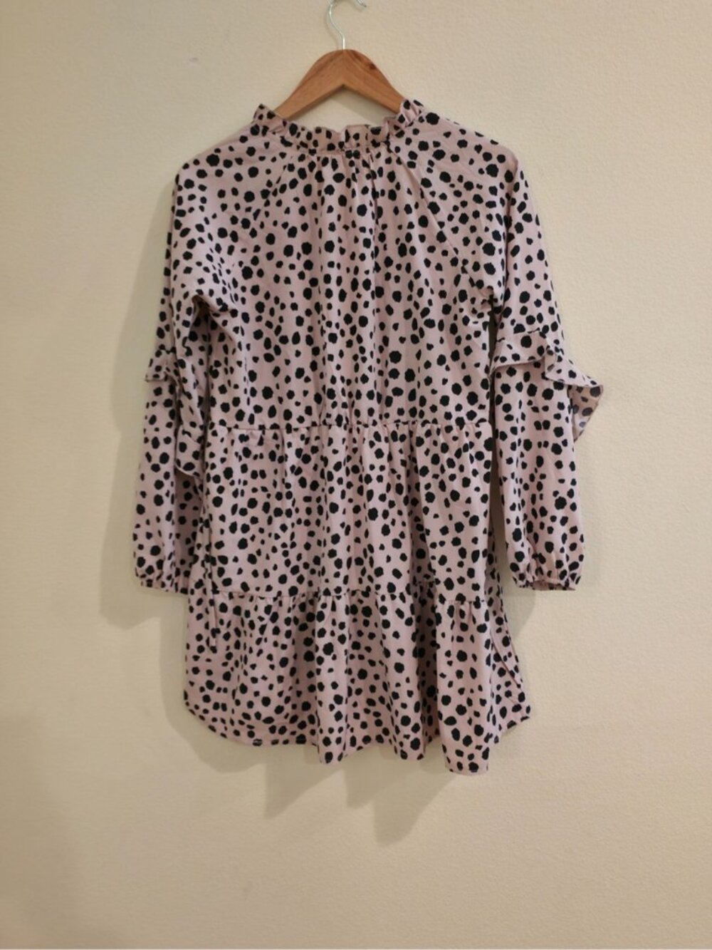 Pink Polka Dot Mini Dress Long Sleeves Mockneck Swing Boho Clean Girl Summer - Picture 4 of 6